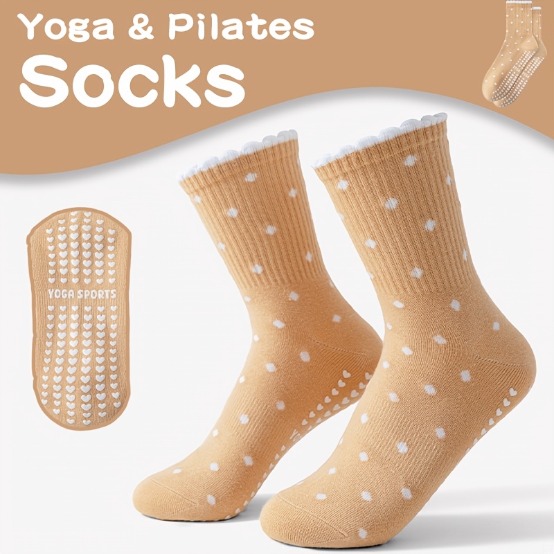 Medias Para Pilates Y Yoga - Women's brown yoga socks, white polka